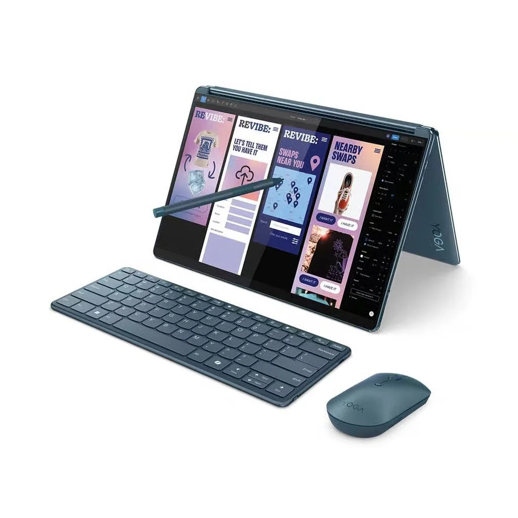 Laptop en modo tienda con teclado y mouse